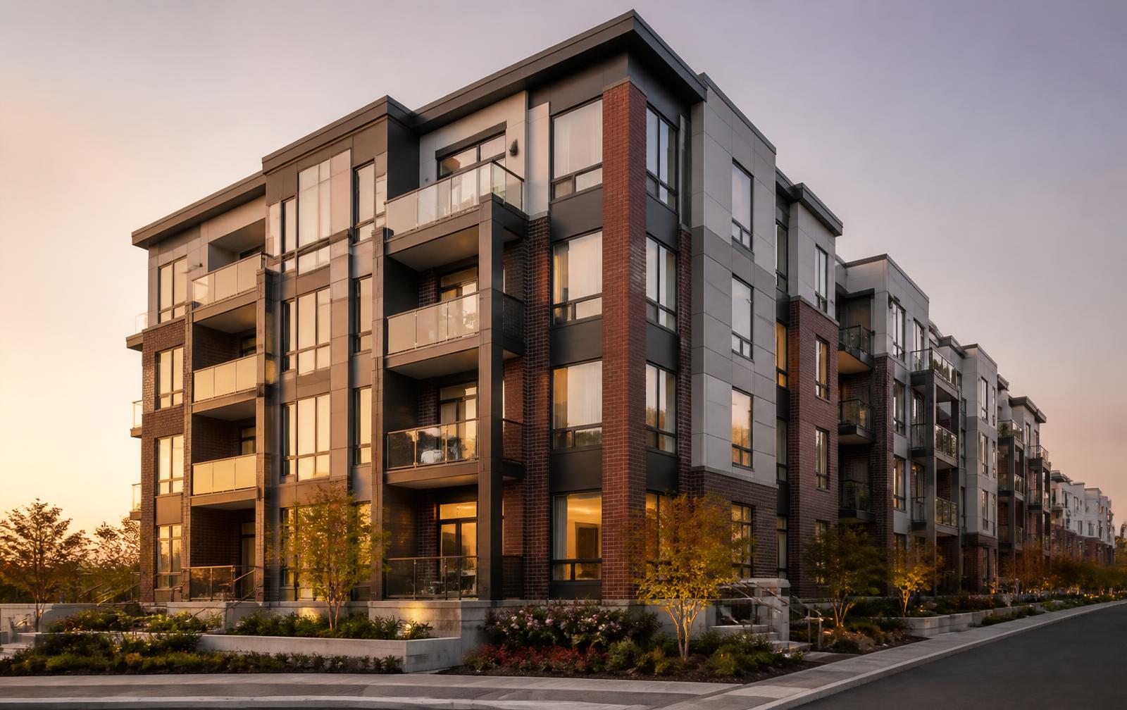 Modern multi-unit residential apartment building at golden hour